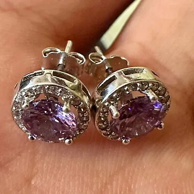 925 Sterling Silver Amethyst Created 9MM Stud Earrings For Women FREE SHIP • $15.28