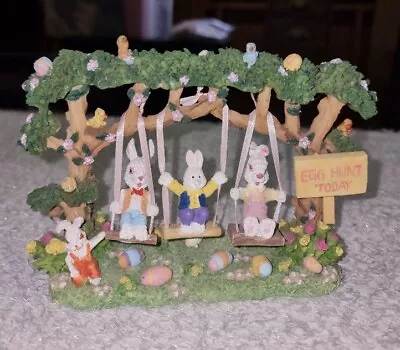 Vintage Bunnies Bunnies Swinging On Swings With Easter Trees Flowers & Eggs • $7