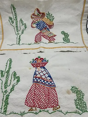 Vintage Hand Embroidered Mexican Scenes From Table Runner (2) 10x15” • $14.99