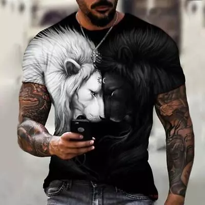 3d Print Men T Shirt Black Lion Gaze Fashion Graphic Short Sleeve Tee Classic • $14.99