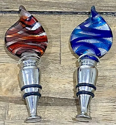 Vintage Murano Glass Wine Bottle Stopper Blue And Red Lot Of 2 • $19.99