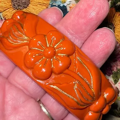 Plastic Vintage Fakelite Bangle Bracelet Carved Flower Orange Gold Floral Chunky • $14.99