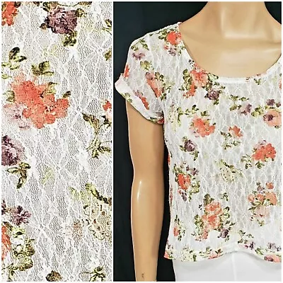 MUDD Floral Mesh Stretch Lace Sheer Scoop Neck Hi-Low T-Shirt Top Size Small  • $6.99