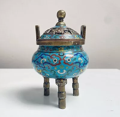 Chinese Qing Dynasty Vintage Antique Gilt Bronze Cloisonne Enamel Tripod Censer • $87.03