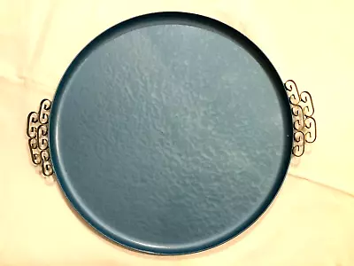 Vintage Moire Glaze Kyes  13” Round Enameled Blue Tray W/handles • $30