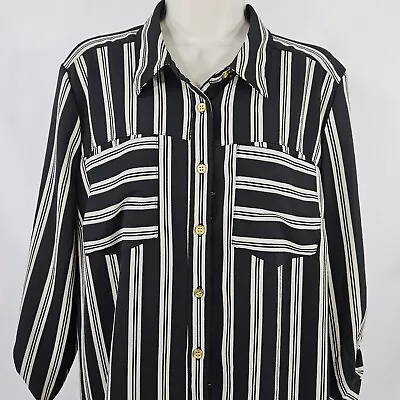 Mlle Gabrielle Shirt Dress Women XL White Black Striped Belted Roll Tab Sleeve • $10.19