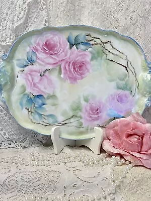 Hand Painted Romantic Pink Roses Porcelain Dresser Vanity Serving Tray • $75