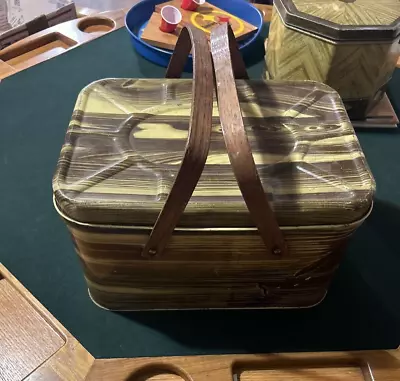 Old Vintage Woodgrain Metal Cookie Tin Picnic Basket Wood Handles • $24