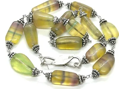 Lovely Rainbow Fluorite Beads Silver Necklace 18” • £46