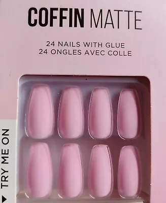 False Nails Long Coffin Matte Pink 24PK + Glue New Boxed • £3.99