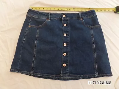 EUC American Eagle Button Front A Line Mid Tone Blue Stretch Denim Skirt 16 L • $14.99