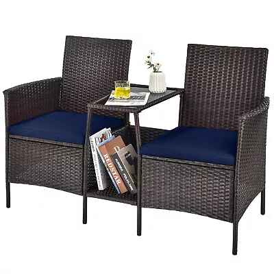 Patio Rattan Wicker Conversation Set Sofa Cushioned Loveseat Glass Table Navy • $109