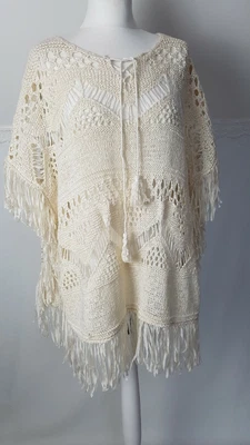 £12 • Buy Crochet Fringe Poncho Top Ivory Size M