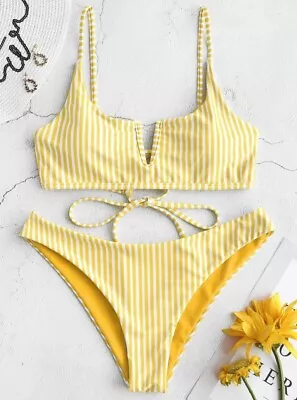 ZAFUL Women's V-wired Tie Striped Bikini Set Two Piece Swimsuit Yellow-Large  • $11.04