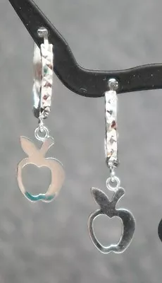 18k Solid White Gold Cute Kids Hoop Apple Dangle Earrings Diamond Cut Design.  • £130.52