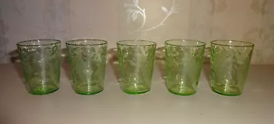 Set Of 5 Vintage Green Vaseline Uranium Shot Glasses ~ Etched Grapes • $25