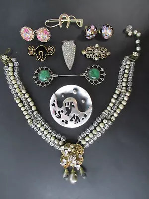 Junk Drawer VTG 9 Pcs Brooch's Jabot Necklace Dress Clip Earrings • $79.88