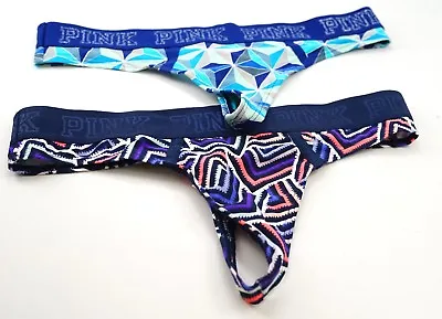 New Victoria's Secret PINK Blue Geo Wide Logo Extra Low Rise Thong S/M 2 Set • $10.97