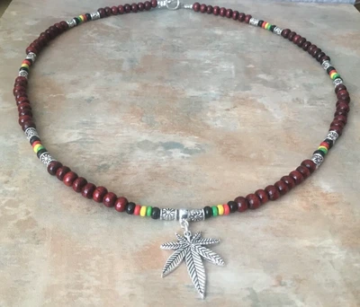 $12.23 • Buy Rasta Wood & Tibetan Silver Bead Cannabis Weed Leaf  Necklace 22  Unwanted Gift