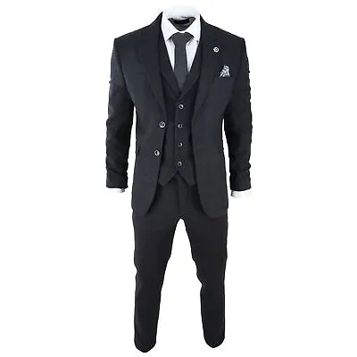 Mens Black Tweed 3 Piece Suit Check Vintage 1920s Gatsby Blinders Tailored Fit • $222.32