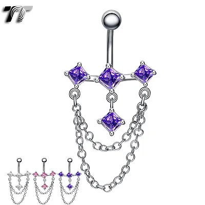 TT Square CZ Chandelier Dangle Belly Bar Ring Choose Colour Body Piecing (BL43) • £4.96