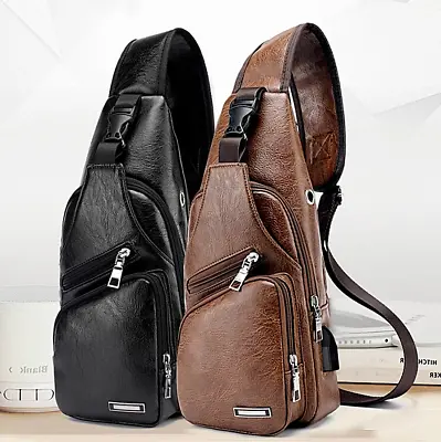 Men's Leather Chest Bag Shoulder Pack USB Charging Port Crossbody Handbag Sports • $6.39