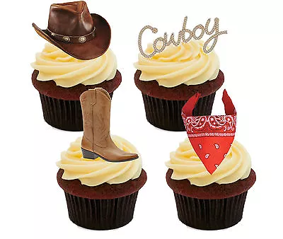 Cowboy Edible Cupcake Toppers Stand-up Fairy Cake Decorations Western Men • £2.99