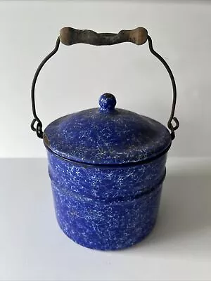 Vintage Cobalt Blue Swirl Graniteware Enamelware Lunch Pail W/ Lid Elite Austria • $49.99