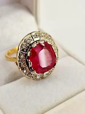 Vintage 18ct Gold & Platinum Lab Created Ruby & Diamond Ring.  Size K. NICE1 • £595