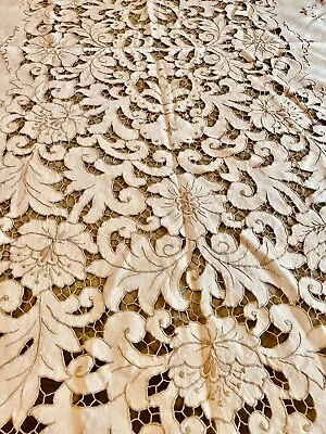 VTG Madeira Richelieu Floral Cutwork Linen Tablecloth 8 Napkins 102”x64” • $245