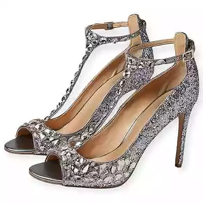 Jewel Badgley Mischka 8 Silver Crystal Embellished Conroy T- Strap Pumps Heels • $40
