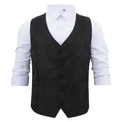 Black Mens Waistcoat Woven Paisley Bohemian Formal Wedding Tuxedo Vest By DQT • £17.99