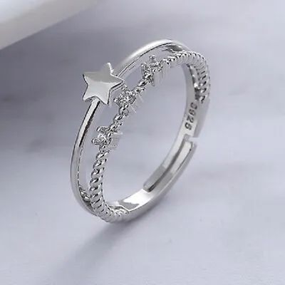 925 Sterling Silver Star Crystals Cute Adjustable Ring Womens Girls Gifts • £4.02