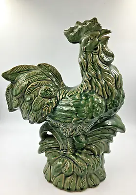 Large Majolica Green Tones Glazed Rooster Statue ~ Vintage ~ 16  Tall ~ 12  Long • $124.99