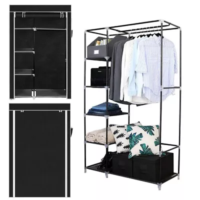 Fabric Canvas Wardrobe Clothes Rail Storage Bedroom Organiser Black/Grey • £18.89