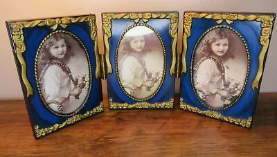 £14.99 • Buy Antique Style Blue & Gold Tri-fold Oval Photograph Frame 4 X 2.5 In 
