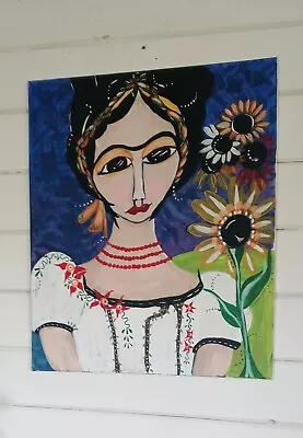 ORIGINAL PAINTING  Frida Kahlo  Spring. Flowers 20x24 Large Canvas Folk Art  • $445