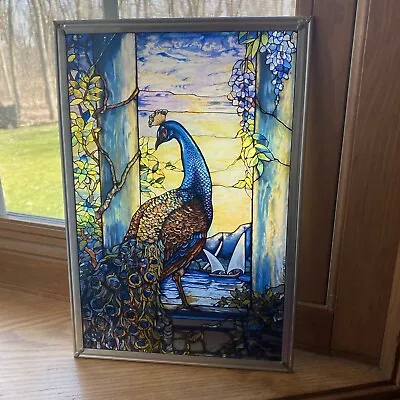 Vintage Louis C. Tiffany Peacock Stained Glass Glassmasters Hanging Panel 1990 • $50