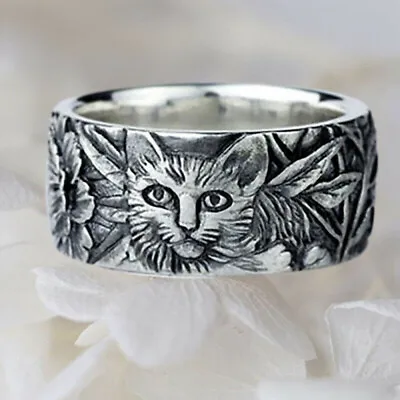 Carving 925 Silver Women Rings Animals Cat Mouse Flower Ring Jewelry Size 6-10 • $1.81