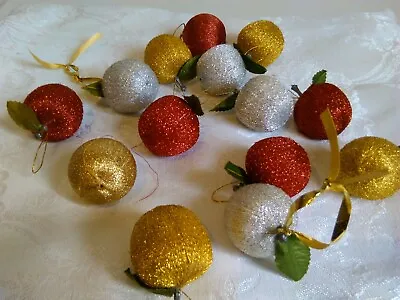 14 Vintage 3.5cm Faux Silk Glitter Sparkle Apple Christmas Baubles Decorations • $35