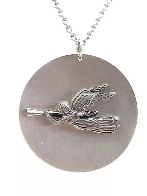 Towle Pewter Medallion Pendant Angel Playing Horn Flying Necklace Vintage Signed • $38