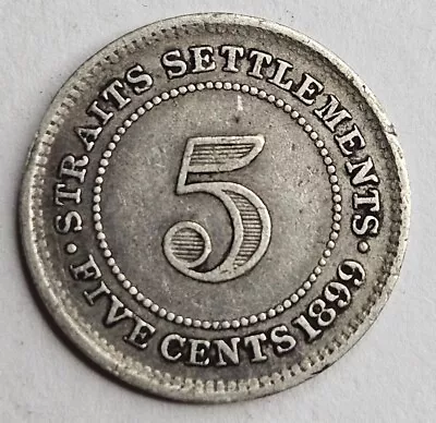 STRAITS SETTLEMENTS 1899 5 Cents F/VF Victoria Malaysia Silver World Coin #A • $14.99