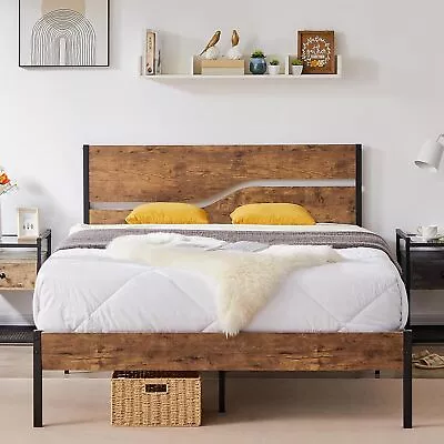 Bed Frame Queen Size With Rustic Wood Headboard Strong Metal Slats Support • $116.13