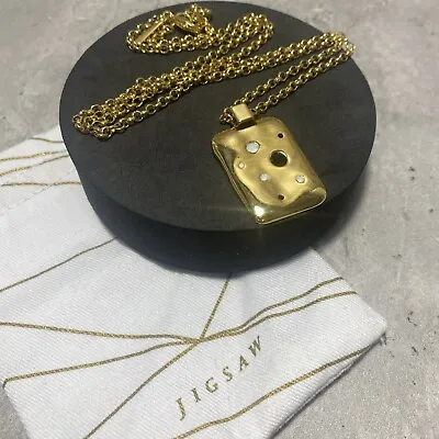 JIGSAW Crystal Rectangle Pendant Necklace 24k Gold Plated Chain Retro Kitsch • £14.99