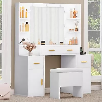 Makeup Vanity Table Set With 9 LED Mirror Dressing Table +Power Station & Stool • $275.65