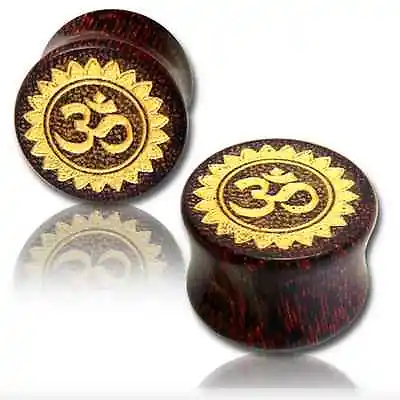 Pair Of Om Tamarind Wood Plugs Laser Cut Ohm Hand Painted Gold Gauges Tunnels • $13.59