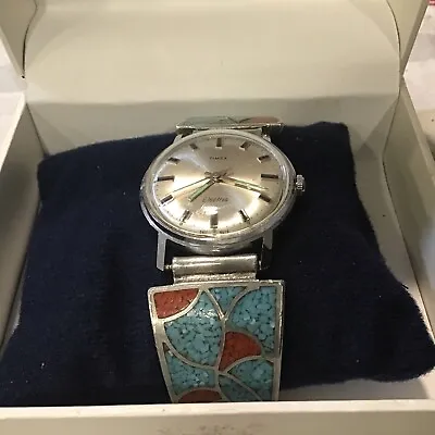 Timex Electric Watch W/ Coral@Turquoise @Sterling Circa Men’s 1970 • $125