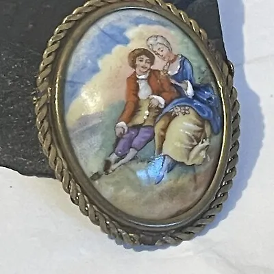 Vintage Brooch Limoges Courting Couple Oval Porcelain Trombone Clasp • £19.99