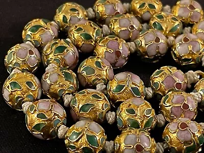 Vintage Cloisonne Necklace Chinese Bead Enamel Pink Green Flower Gold 27  • $88