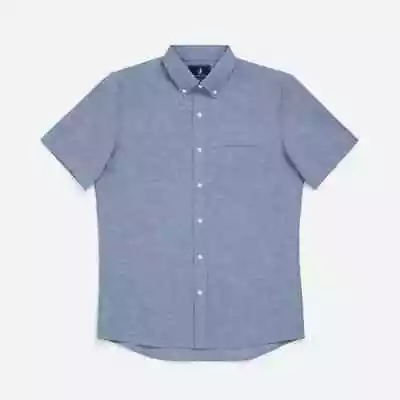 Wool & Prince Wool Linen Short Sleeve Button-Down Shirt Vintage Blue Chambray L • $62.99